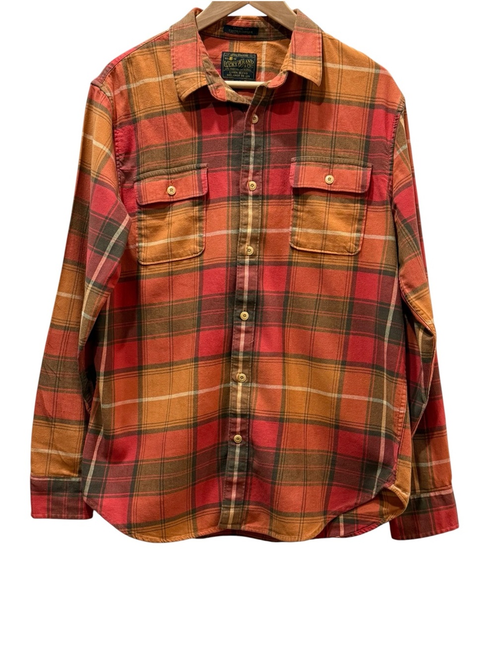 Lucky Brand Men’s Plaid Flannel Shirt Long Sleeve Button Down Red Brown Orange L